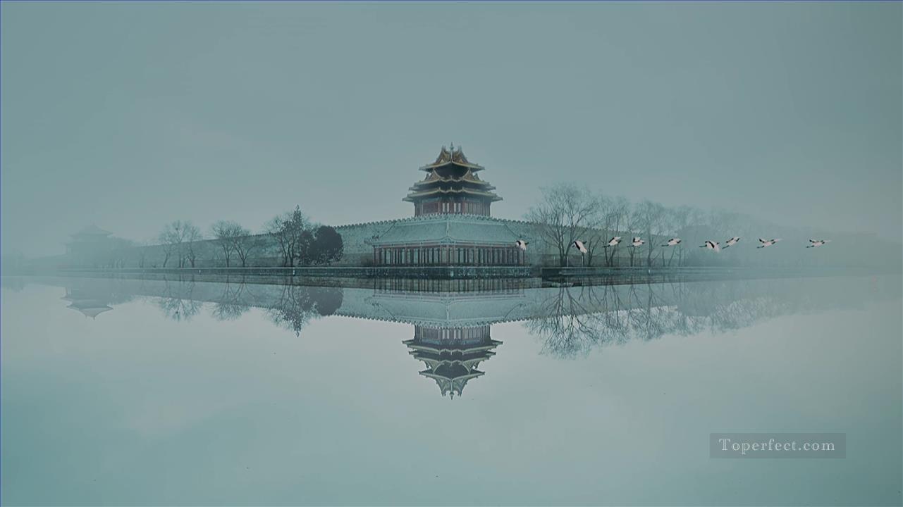 Historia china del Palacio Yanxi con paisaje de pájaros grullas blancas Pintura al óleo